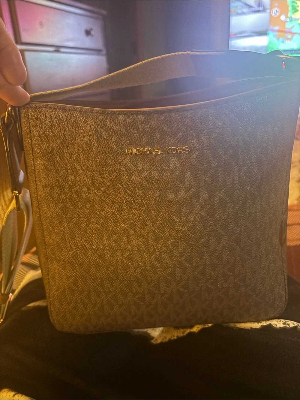 Michael Kors Brown Logo Messenger Bag with Cream Strap
